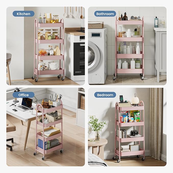 DUMOS 4 Tiers Rolling Utility Cart, Storage Organizer, Shelving Unit | Metal, Lockable Wheels, Mobile, Kitchen, Bathroom, Laundry, Narrow Places, Pink