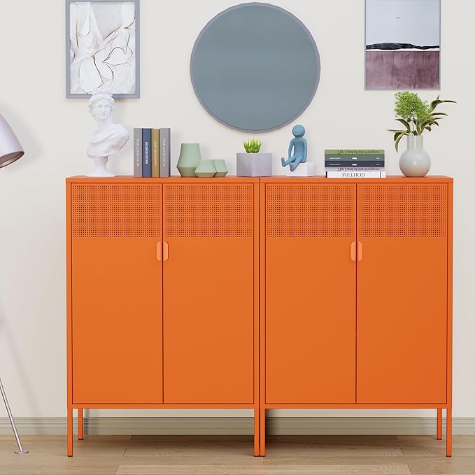 Ustamio Orange 3 Tier Metal Storage Cabinet with Legs, 2 Door Metal Locker Style Accent Storage Cabinet with 2 Adjustable Shelves for Home, Office, Entryway and Hallway
