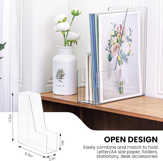 LALOBLUE Vertical Magazine File Holder, Clear, 4 Pack | Plastic, Holds Magazines, Binders, Notebooks, Envelopes, Desk Organizer and Storage Bins