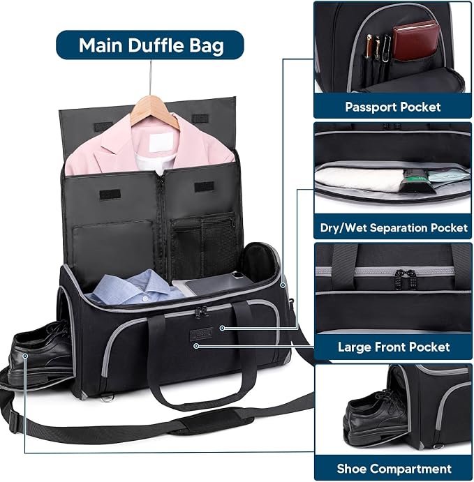 Vessgra Convertible Garment Bags for Travel, 4 in 1 Duffle Bag for Travel 58L Capacity Carry on Garment Bag with Shoes Compartment Travel Garment Bag with Shoulder Straps Suit Bag for Men Women,Black