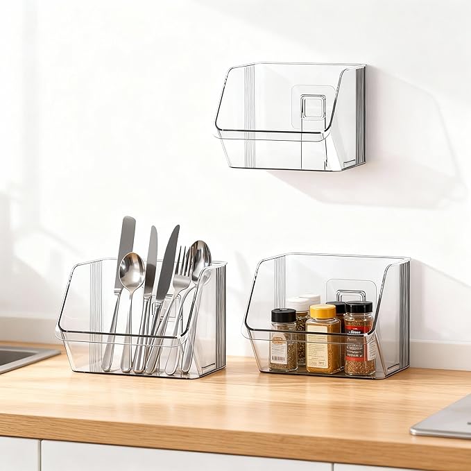 3 Pack Clear Plastic Wall Mount Storage Bins, Kitchen Pantry Cabinet Organizer Containers,Storage Caddy No Drilling Hang Walls/Doors for Kitchen, Bathroom, Bedroom, Office