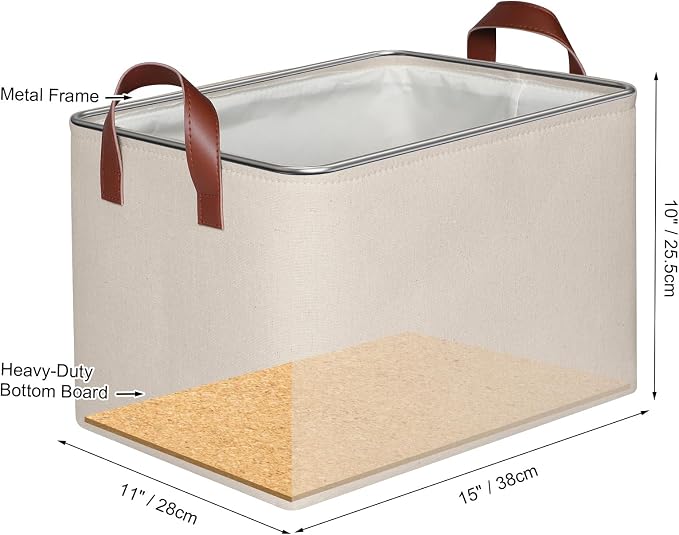 KEEGH Storage Baskets for Organizing Cube Storage 15 in, 4 Pack, Beige | Fabric Material, With Leather Handle, Closet Organization, Storage Bins for Living, Bedroom, Study
