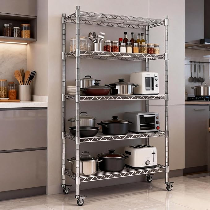 AIRAJ 33”W Storage Shelves with Wheels | 5 Tier Wire Shelving | 1500 LBS Metal Shelving | Garage Shelving Units and Storage | Wire Rack Adjustable Layer Height | 33”W×13”D×73” H| Electroplated Silver