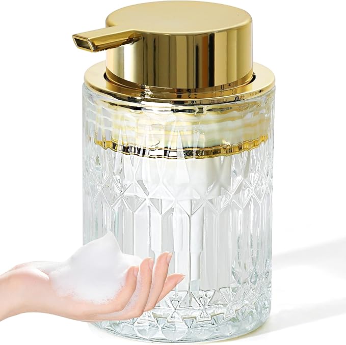 RYTOXILO Foaming Soap Dispenser, Gold Glass Foam Hand Soap Dispenser for Bathroom, Refillable 7.8 Fl Oz Foamy Pump Bottle with Plastic Golden Pump, Modern Dish Soap Foam Dispenser Container