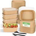 50 Pack Disposable Meal Prep Containers, 25oz Disposable Large Paper Bowls with Lids and Forks for Salad, Noodles, Freezer and Microwavable Storage Use Cardboard Food Containers