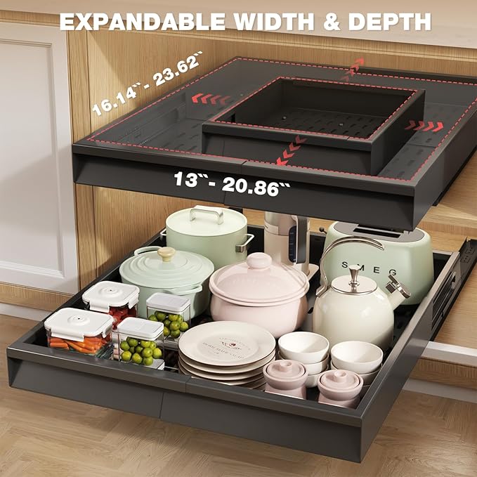 Seinloes 2 Pack Pull Out Cabinet Organizer With Raising Pad for Framed Cabinets,Expandable Width (13"-21") and Depth (17"-24"),3 Slide Rails Slide Out Drawers with Handle,No-Drill Roll Out Shelf,Black
