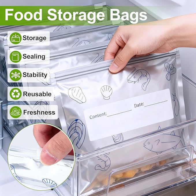 30Pcs Reusable Aluminum Foil Sealable Storage Bags, 2025 New Vacuum Zipper Pouches for Food with Label and Zip Lock, Aluminum Foil Bags for Food, Vegetable Fruit Meat (10*S+10*M+10*L)