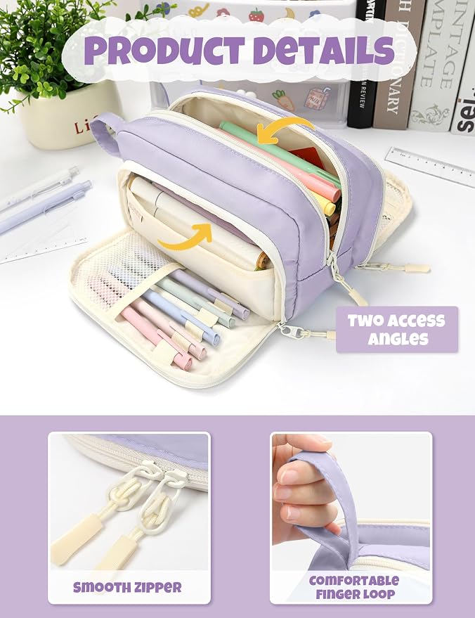 SUNEE Large Pencil Case, Big Capacity Pen Pouch with 3 Compartments, Kawaii Pencil Bag with Zipper, High Storage Stationery Holder and Organizer, School Supplies for Teen and Adult Girls, Light Purple