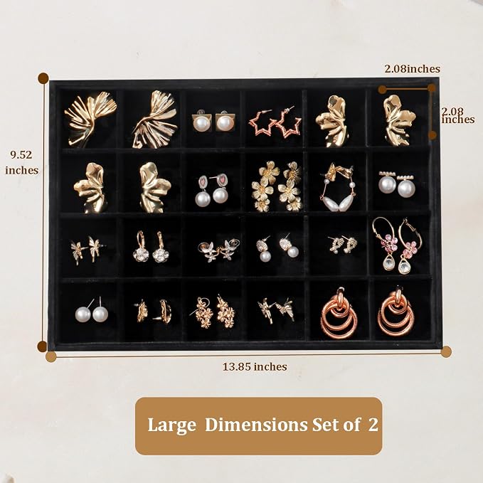Large Stackable Jewelry Tray 4 Pack Velvet Jewelry Display Drawer Inserts Trays Organizer for Earring Bracelet Necklace Ring (Black, 24 Grids)