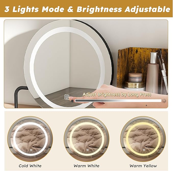 Small Makeup Vanity Desk with Large Mirror and Lights, Vanity Table with 2 Storage Drawer & Open Shelves, 3 Lighting Colors,LED Mirror Adjustable Brightness Brown Makeup Vanity