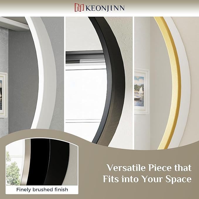 Keonjinn 24" x 24" Round Medicine Cabinet Mirror, Brushed Nickel Mirror Medicine Cabinet Wall Mounted, Circular Medicine Cabinets with Mirrors, Circle Framed Vanity Mirror with Storage