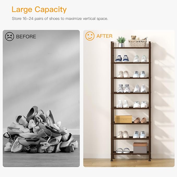usikey 8 Tiers Narrow Shoe Rack 16-24 Pairs, Sturdy Metal Tall Shoe Rack with 4 Hooks, Slim Shoe Storage Organizer with Metal Shelf, Space Saving Vertical Shoe Shelf for Closet Entryway, Bronze