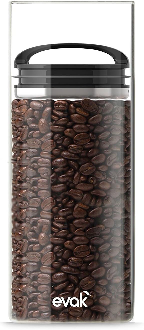 Prepara Evak Compact Airtight Food Storage Container, Large (6" x 3.75")– Glass Canister with Black Gloss Handle, Vacuum Seal Keeps Food Fresh Longer, Ideal for Coffee, Tea & Pantry Storage
