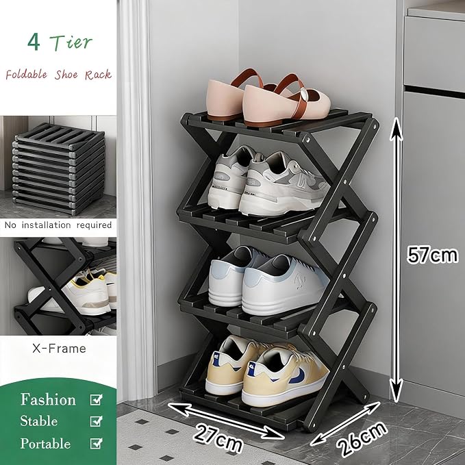 Vertical Black Shoe Rack Small, 4 Tier Portable Folding Shoe Storage Rack, Without Installation Free Standing Shoe Rack for Corridors, Bedrooms Living Room Corner and Small Spaces