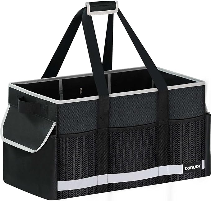 Upgrade Extra Large Utility Tote Bag with Reflective Strip, Standing Reusable Grocery Bags with Hard Bottom & 4 Sided Reinforced, Collapsible Utility Tote with Handles for Shopping, Beach, Car | Upgrade