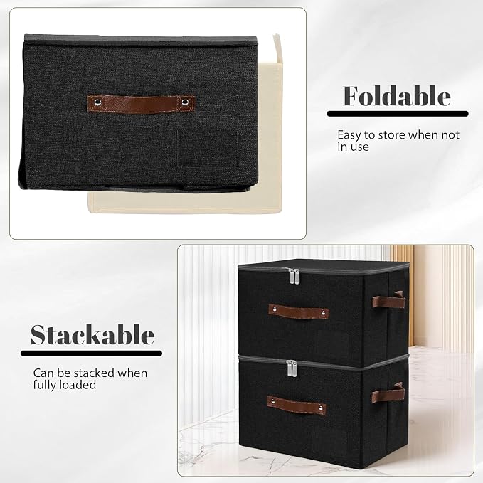 ANMINY Small Fabric Storage Box Bins with Zipper Lid, Washable Black | Cotton Linen Fabric, PP Board Frame, Label Holder, Stackable & Foldable, PU Handles, Dual-Zipper 3-Side Open Lid