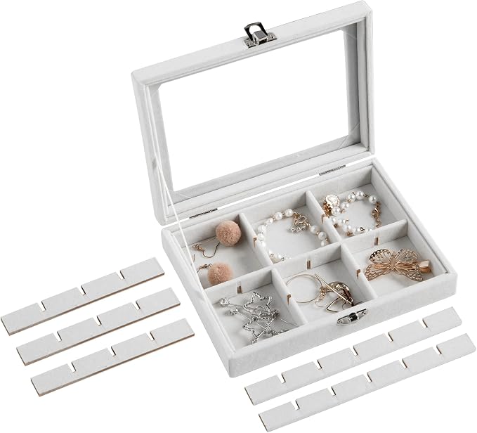 Frebeauty 24 Grid Earring Organizer,Small Velvet Jewelry Tray with Lid | Portable Jewelry Box for Rings Stud,Velvet Lining for Protecting Jewelry,Adjustable Dividers,Glass Lid for Clear Review