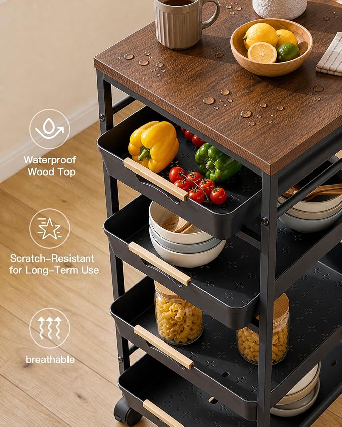 Pipishell Rolling Storage Cart with Drawers & Lockable Wheels, 5 Tier Kitchen Cart with Safety Stops & Vented Design, Wood Top, Pull-Out Utility Cart for Kitchen, Home Office, Bedside, Black
