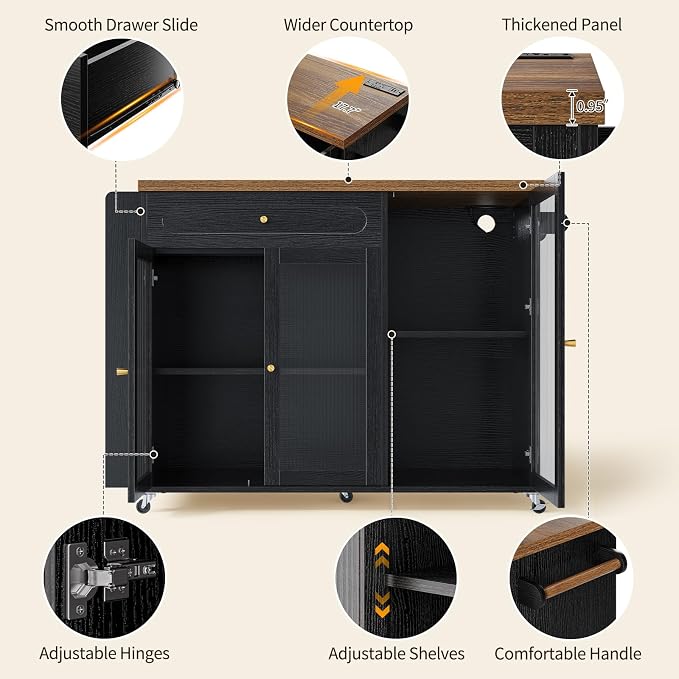Kitchen Island with Power Outlet - Kitchen Cart on Wheels with Storage Cabinets & Drawers, Rolling Island Table with Spice & Towel Rack, Portable Islands with Large Wood Counter, Dinning Room