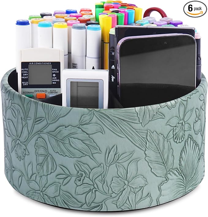 Remote Control Holder, 360°Spinning PU Leather Desk TV Remote Caddy,Desk Storage Box Room Accessories for Controller, Media,Mail,Calculator, Mobile Phone,Pencil(1-Carved Green2)