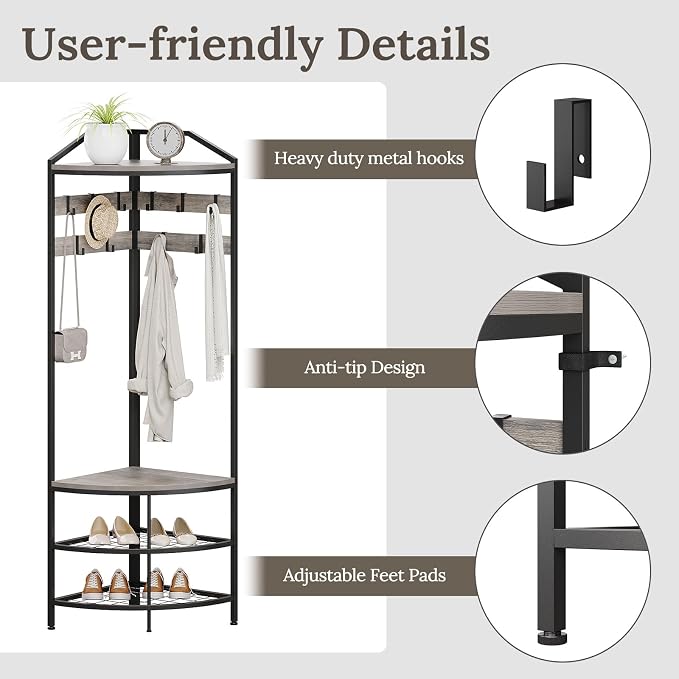 GiftGo Grey Corner Hall Tree with Shoe Bench Entryway Coat Rack with 10 Metal Movable Hooks Rustic Farmhouse Floorstanding Clothes Rack Shoes Shelf Organizer for Home Office Bedroom (Greige)