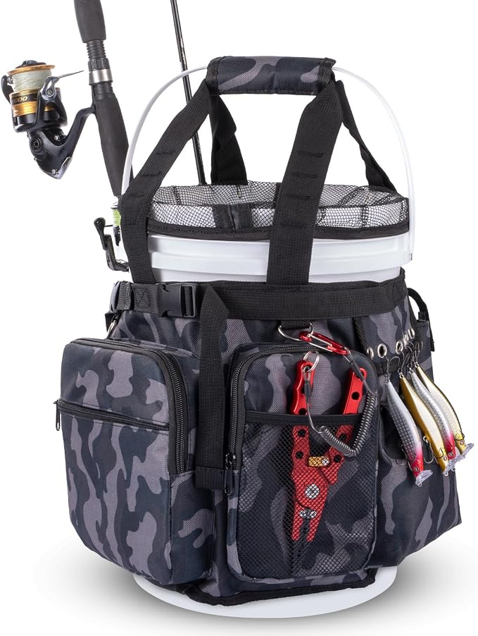Fishing Bucket Organizer with Mesh Cover Fishing Tackle Bag | 600D Waterproof, Multi-Pockets, Adjustable Buckle, Fits 5 Gallon Bucket, Fishing Gear and Equipment