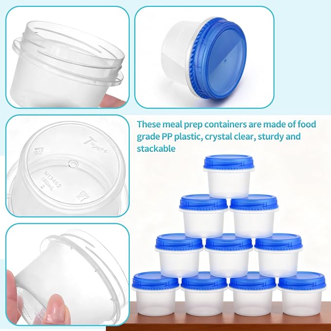 24 Pack Freezer Containers with Screw On Lids, 6 Oz Stackable Reusable Plastic Storage Container, Airtight Plastic Food Storage Containers with Twist Top Lids for Food Soup Jello Sauce