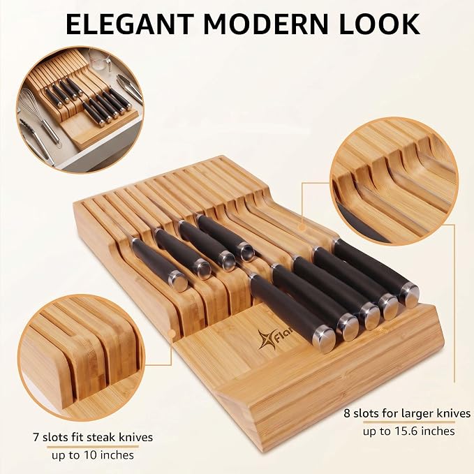 Flareware Bamboo Knife Drawer Organizer - 15-Slot In-Drawer Block for Steak & Large Knives, 2-Tier Bamboo Holder, Space-Saving Storage Organizer - (Knives Not Included)