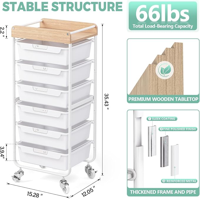 6 Drawer Rolling Cart for Craft Storage,Utility Drawer Organizer with Handle and Wooden Top, Storage on wheels for Office, Classroom,Laundry，Garage, Snack,Art Supply,White