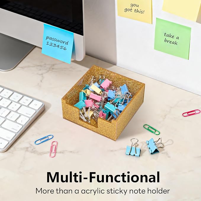 Acrylic Sticky Note Holder 4x4in Tray for Desk, Gold Glitter | Sparkling glitter acrylic tray, fits 3x3 sticky notes, compact organizer for office school and home