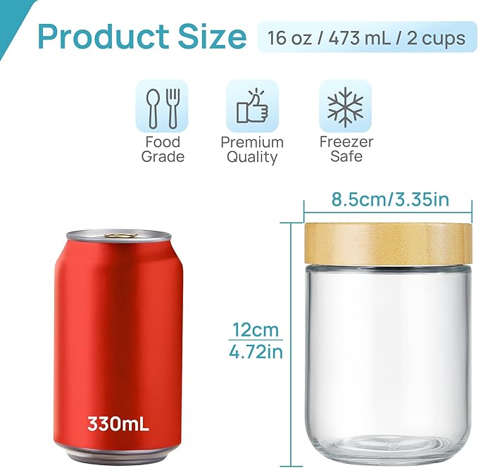 Vtopmart 6 Pack 16oz Glass Overnight Oats Containers with Bamboo Lids | Airtight, Leak Proof, Good Grade, Wide Mouth, Reusable, Portable, For Yogurt Chia Pudding Salad Pickling Snacks