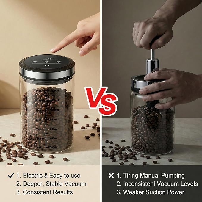 Vacuum Coffee Canister, 1.6L Large Capacity Airtight Coffee Container with Graduated Scale and Vacuum Duration Display. Features Transparent Borosilicate Glass Construction