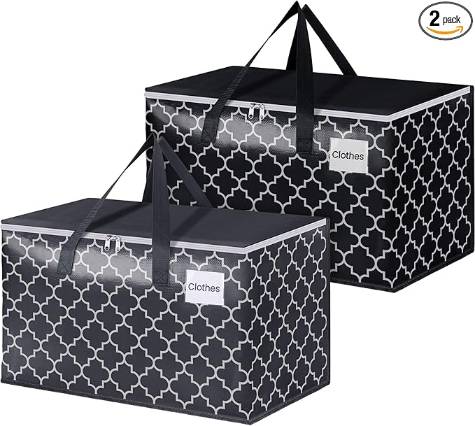 Extra Large Moving Bags, Heavy-Duty Storage Totes with Zipper Top and Sturdy Handles, Moving Supplies for Space Saving and Packing, Collapsible Storage Bags, Black & Gray, 100L, 2-Pack