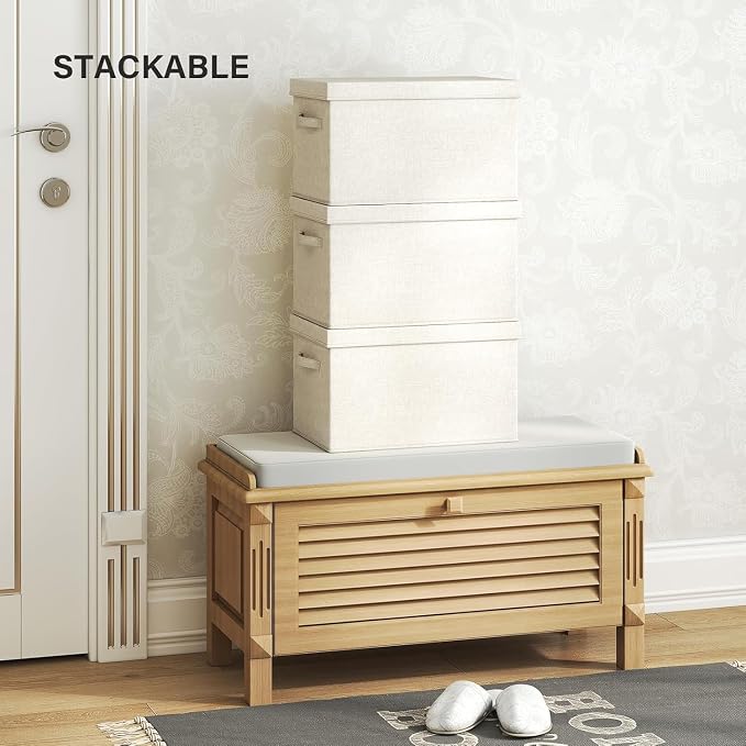 Jumbo Fabric Storage Bins with Lids 19.7*13.8*12.2 in, 2-Pack Storage Baskets for Closet, Large Linen Organizers and Storage Bins for Bedroom, Collapsible Baskets and Bins with Handles, Off White