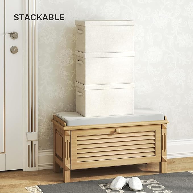 Large Foldable Fabric Storage Bins with Lids, 2 Pack Beige, 17.5"x12"x11.5", Cotton Linen Material with Handles, for Shelves, Nursery, Bedroom, Home, Office, Organizing Clothes, Toys, Blankets, Books
