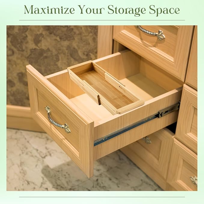 LemonRoad 1 Pcs Sliding Drawer Organizer 12.4-17.7 Inch Bin Bamboo Drawer Expandable Bins Utensil Organizer for Kitchen Spoons Forks Knives (Wood)