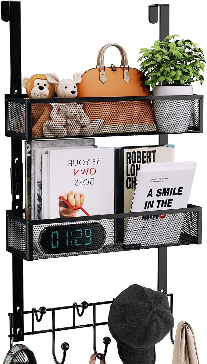 Consumest Over The Door Hooks Organizer - 3 Tier Door Hanger with 9 Coat Hooks & 2 Mesh Basket, Back Storage Organizer Hanging Towels for Bathroom, Bedroom, Black