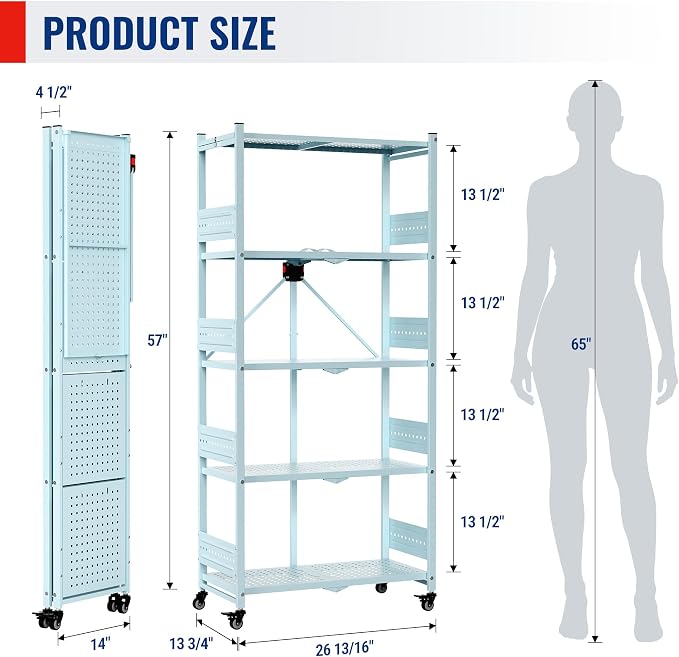 WORKPRO 5-Tier Folding Shelf, No-Assembly Metal Storage Rack with Wheels, 750 lbs Capacity (with Leveling Feet), Collapsible Shelving Unit for Kitchen, Pantry, Closet & Craft Shows - Blue