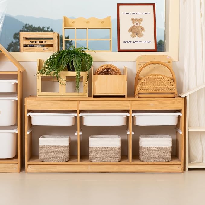 OIAHOMY 9”x9”x7” Storage Cubes, Cotton Rope Woven Baskets for Organizing, Cube Storage Bin, Small Gift Basket for Shelf, 3-Pack, Brown&White