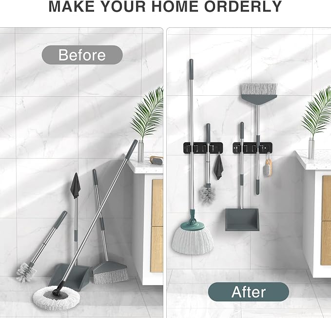 homeasy Wall Mount Mop and Broom Holder, Heavy Duty Stainless Steel Organizer Rack with Hooks | 4-Pack, 2-in-1 No Drill & Screw Installation, Black