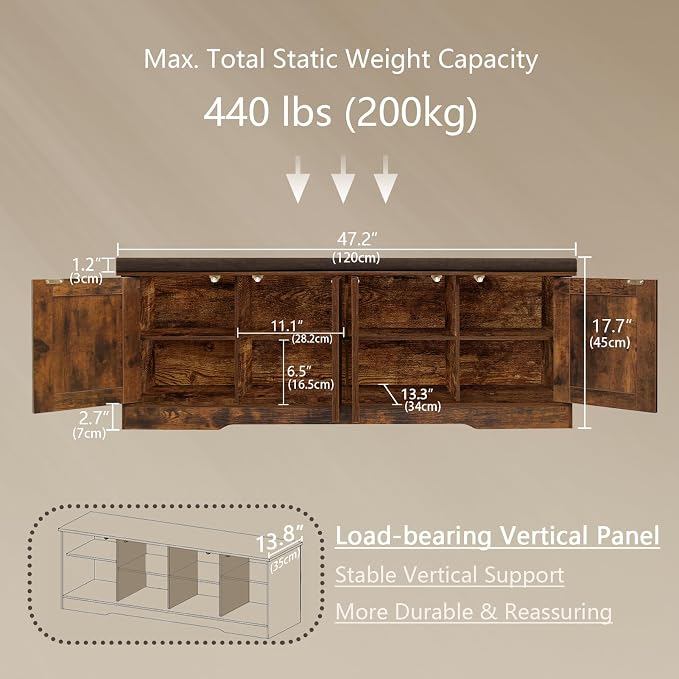 DINZI LVJ Shoe Bench, Entryway Storage Bench with Doors, Cushion, 2-Tier Shoe Rack with 8-Cubby, 47.2”L x 13.8”W Shoe Organizer Cabinet, Adjustable Shelf, Living Room, Bedroom, Rustic Brown