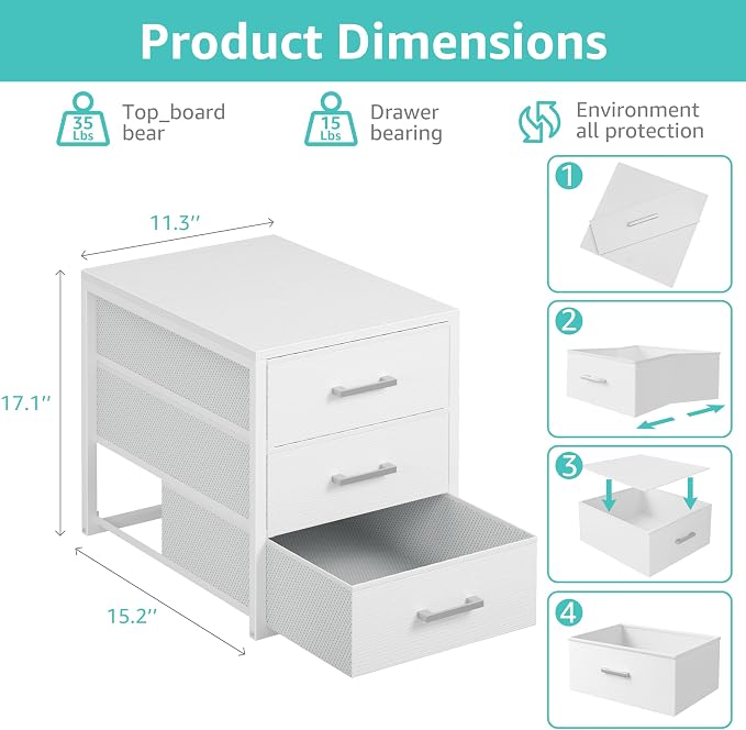 BOLUO Closet Drawers White Fabric 3 Drawer Small Dresser for Closet Organizers and Storage Bedroom Dorm Modern