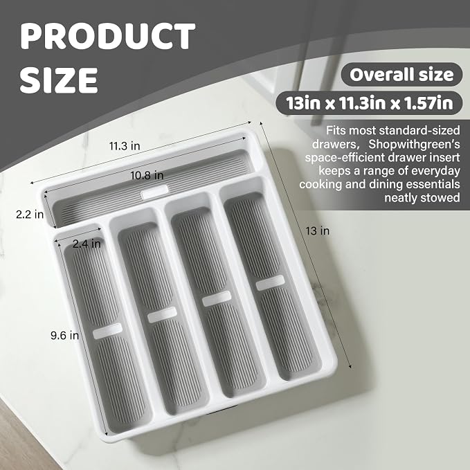 shopwithgreen Silverware Organizer with Cutlery Icons，Silverware Tray for Kitchen Drawer，Plastic Flatware Drawer Organizer Utensil Organizer with Non-slip TPR Linings，5-Compartment Silverware Caddy