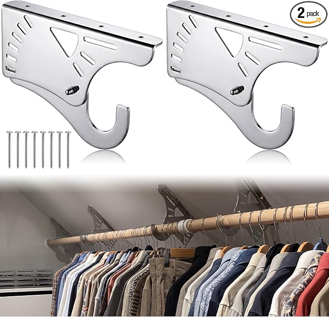 Lewtemi 2 Pcs Chrome-plated Alloy Steel Sloped Ceiling Clothes Rod Bracket 8" Chrome Closet Curtain Rod Bracket Under Stairs Storage Sloped Ceiling Rack Mount Angled Clothes Rack for Wall Attic