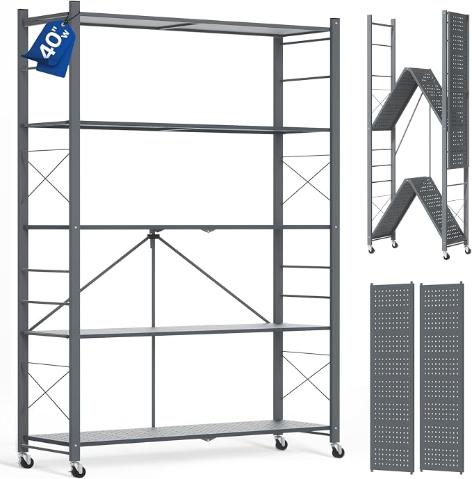 ALANNG 40" W Foldable 5-Tier Storage Shelves on Wheels Adjustable | Removable Metal Rack, Heavy Duty Rolling Organizer for Kitchen, Garage, Closet, Pantry, and Office (Grey,1 Pack)