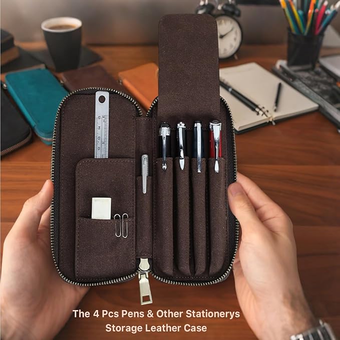 CONTACTS Personalized Pencil Case for 4 Full Grain Leather Zipper Pen Holder Custom Engraved Name Pens Pouch by Handmade