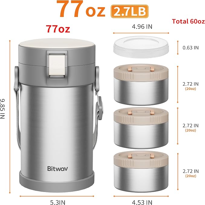 77oz Stainless Steel Insulated Food Jar, 3 Tier Stackable Bento Lunch Box, Vacuum Thermal Food Container for Hot Food, Soup Thermos with Insulated Bag for Work, Travel, Outdoor (77 oz Silver)