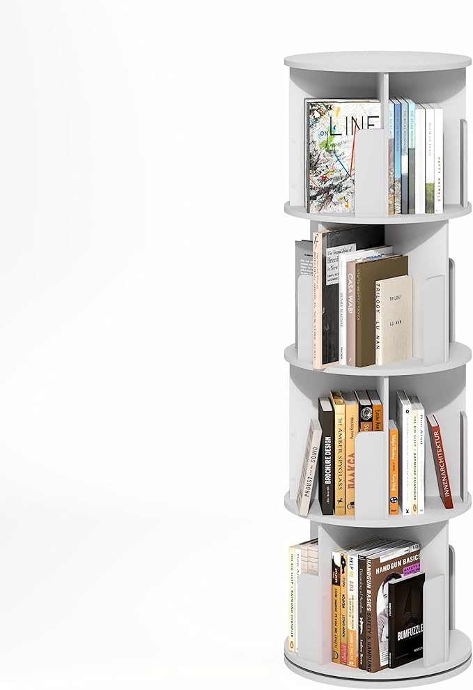 Furinno DALY Rotating Bookshelf Tower, 4-Tier 360 Display Book Shelf, Lazy Susan Revolving Bookshelf, Organizer Bookcase, 15.5 x 15.5 x 50, for Living Room, Bedroom, Home Office, White