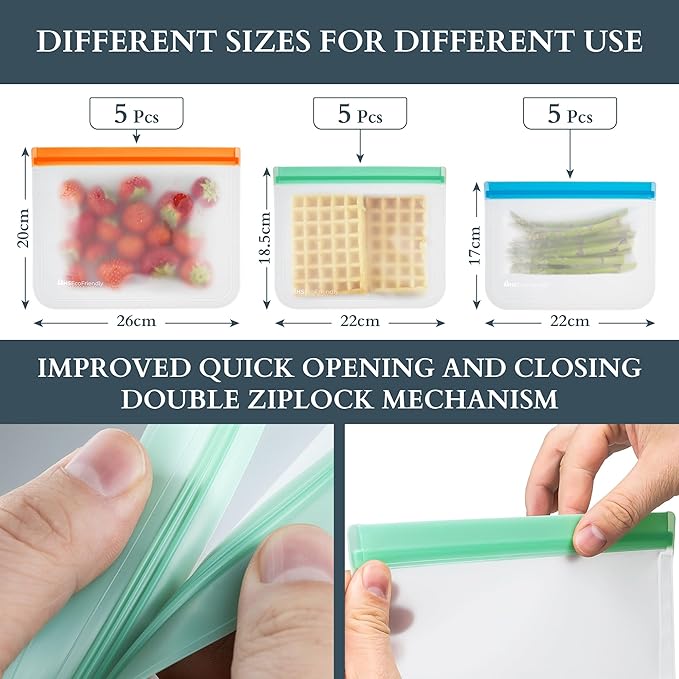 Reusable Freezer Bags | 15-Pack | M, L & XL Reusable Ziplock Bags | BPA Free & Leakproof Food Bags for Fridge Storage, Freezer Storage, Food Storage, & Batch Cooking