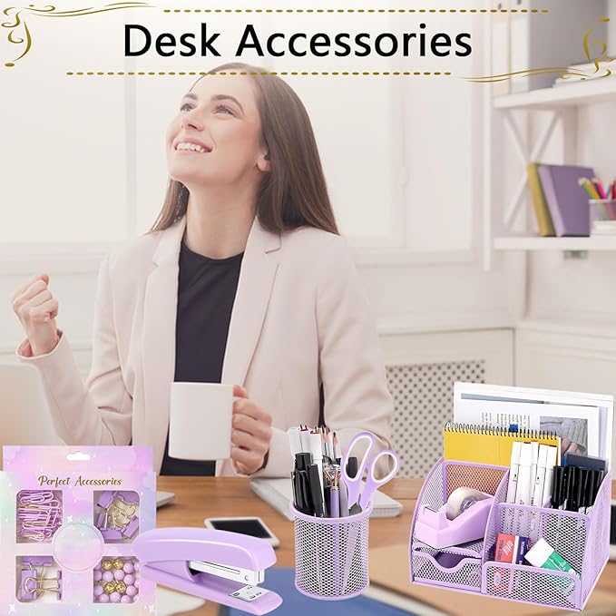 Office Supplies,Desk Accessories,Stapler and Tape Dispenser Set,1000 Staples,Staple Remover,Pen Holder,Folding Phone Holder,Journal Notebook,Ballpoint Pen,Scissor,Ruler,Clear Tape,Sticky Notes,Ect